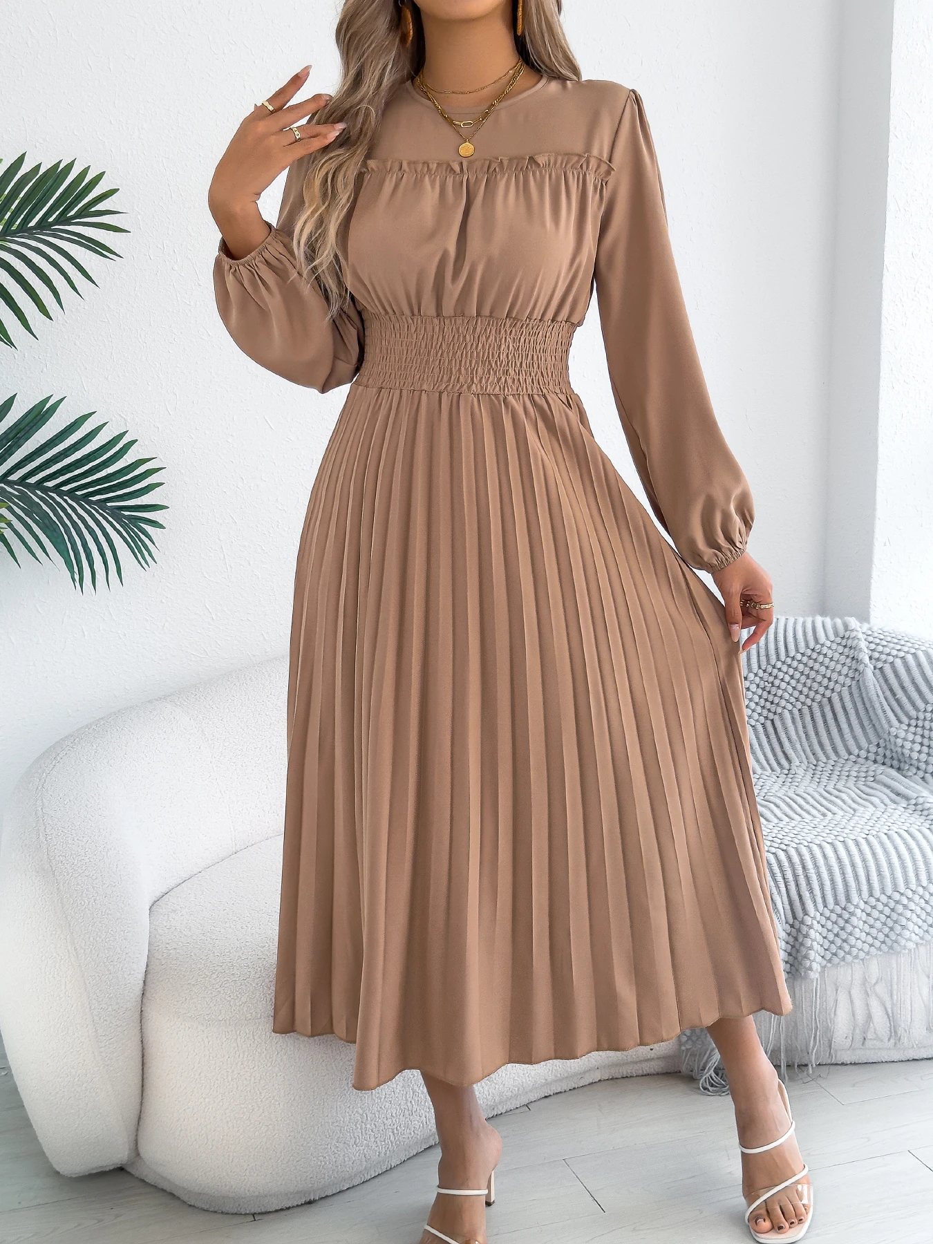 Vestidos Elegantes para Mujer, Otoño Invierno 2026, Casuales, de Color Sólido, Cintura Alta, Manga Larga, Maxi Vestido, Color Caqui, Verde, Azul