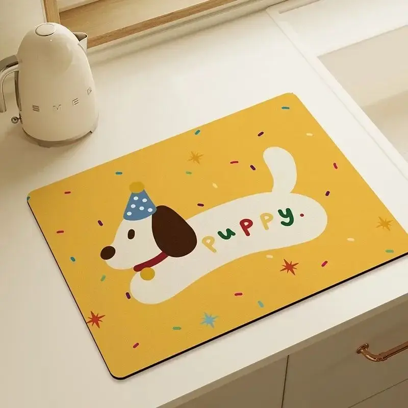 VIKAMA Non-slip Diatomaceous Earth Kitchen Mat Absorbent Heat Resistant Puppy Pattern for Countertop Bar
