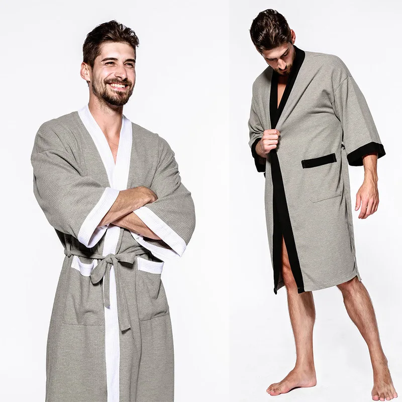 

Summer Men's Nightgown Waffle Cotton Bathrobe Spring And Autumn Hotel Hot Spring Plus Fat Loose Size Home Clothes Men's Pajamas