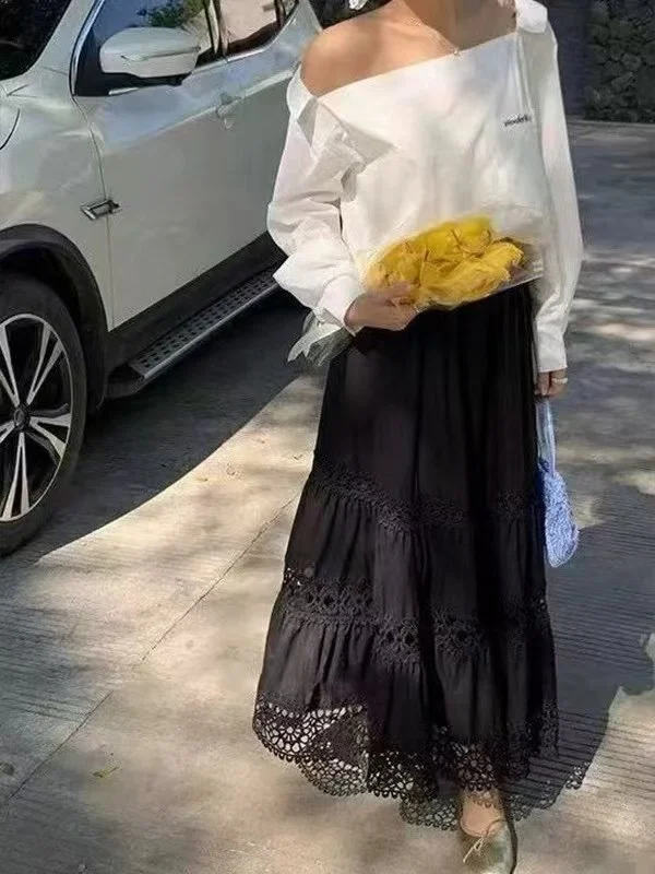 Spódnica damska z koronkowym wykończeniem, o kroju litery A, z wysokim stanem, w stylu słodkiego ciastka.