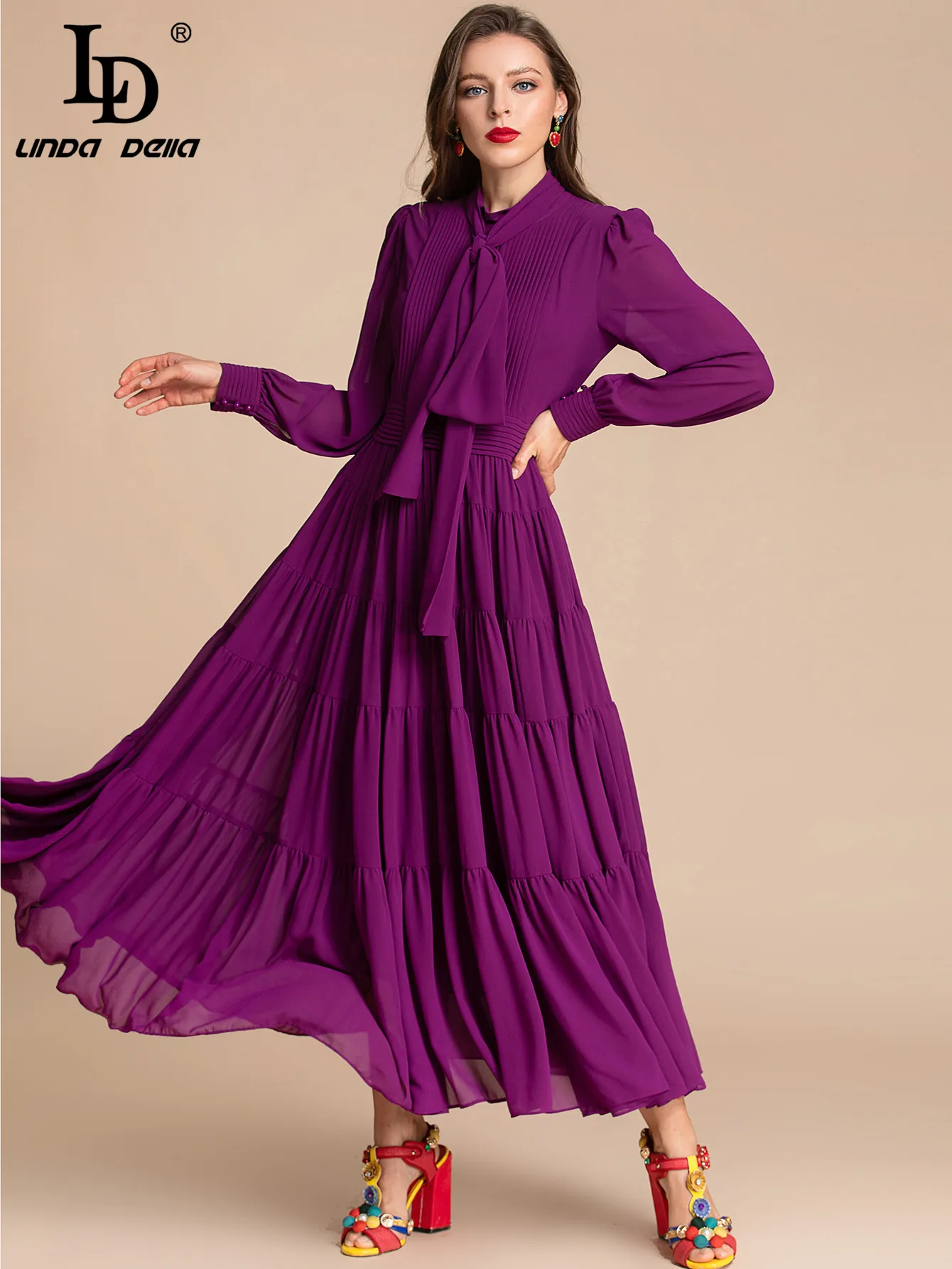 LD LINDA DELLA Fashion Runway Autumn Maxi Dress Women Bow tie Long sleeve Purple Elegant Long Party Dress Vestidos