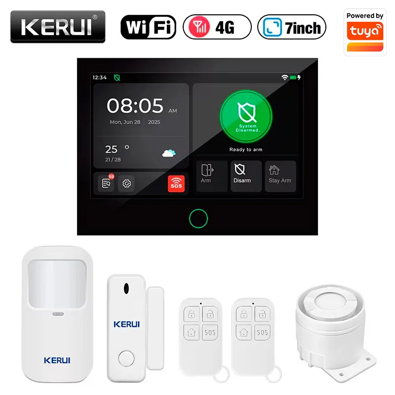 KERUI WiFi + 4G Alarmsysteemkit 7-inch touchscreen inbraakalarm FSK/ASK Beveiligingsbescherming Werkt met Tuya 433MHZ-sensor