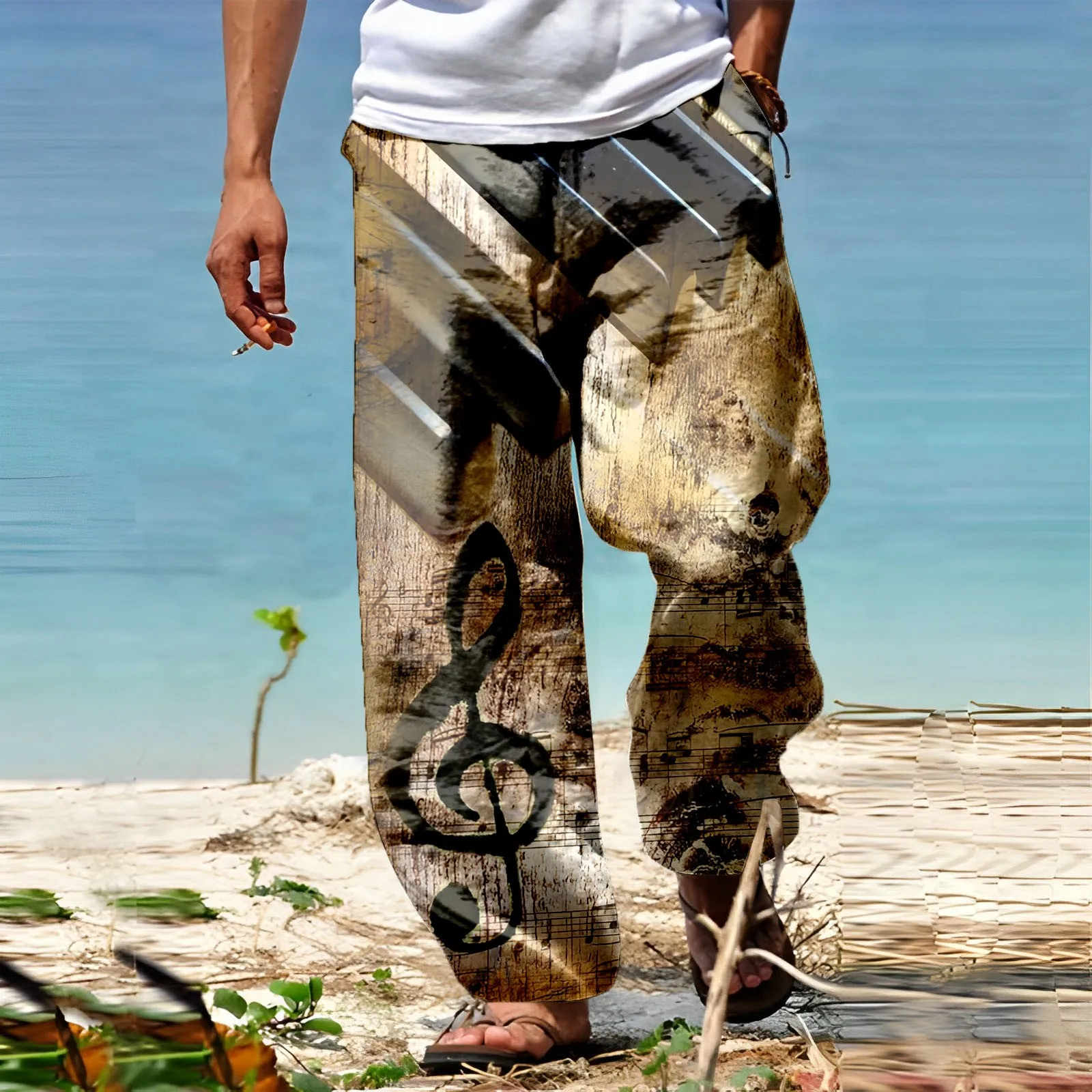 Male Summer Breathable Linen Like Trousers All Print Printed Elastic Waist Casual Pants Tether Wide Leg Long Pants