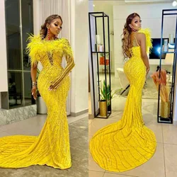 Yellow Lace Mermaid Prom Dresses One  Long Sleeve Feather Style Evening Gowns African Girls Wedding Party Dress Vestidos