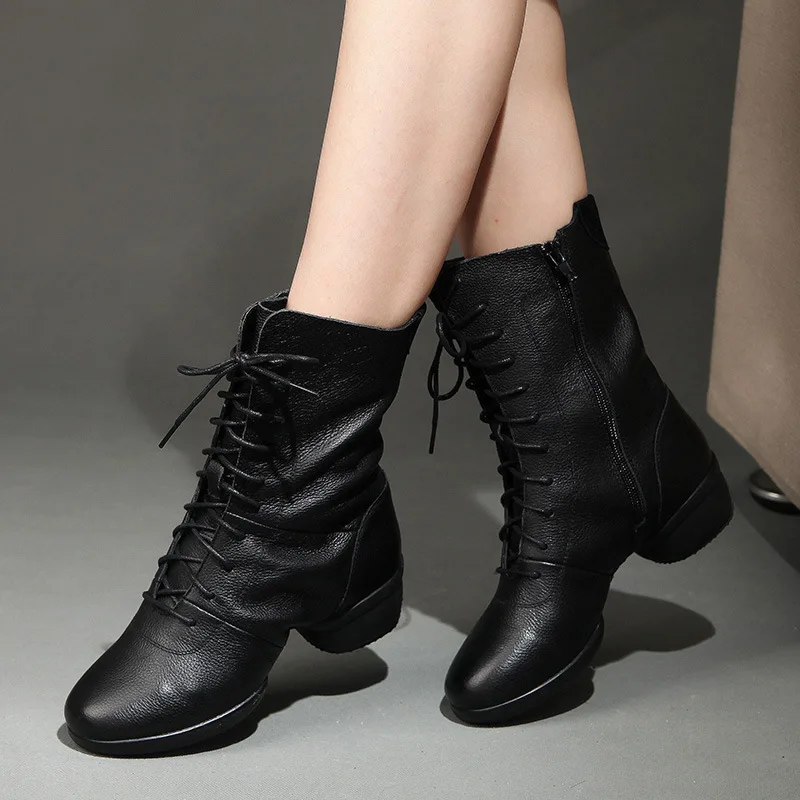 Botas de baile de piel de vaca con suela suave para mujer, botas de baile cuadradas de baile moderno, aumento de altura, Otoño e Invierno