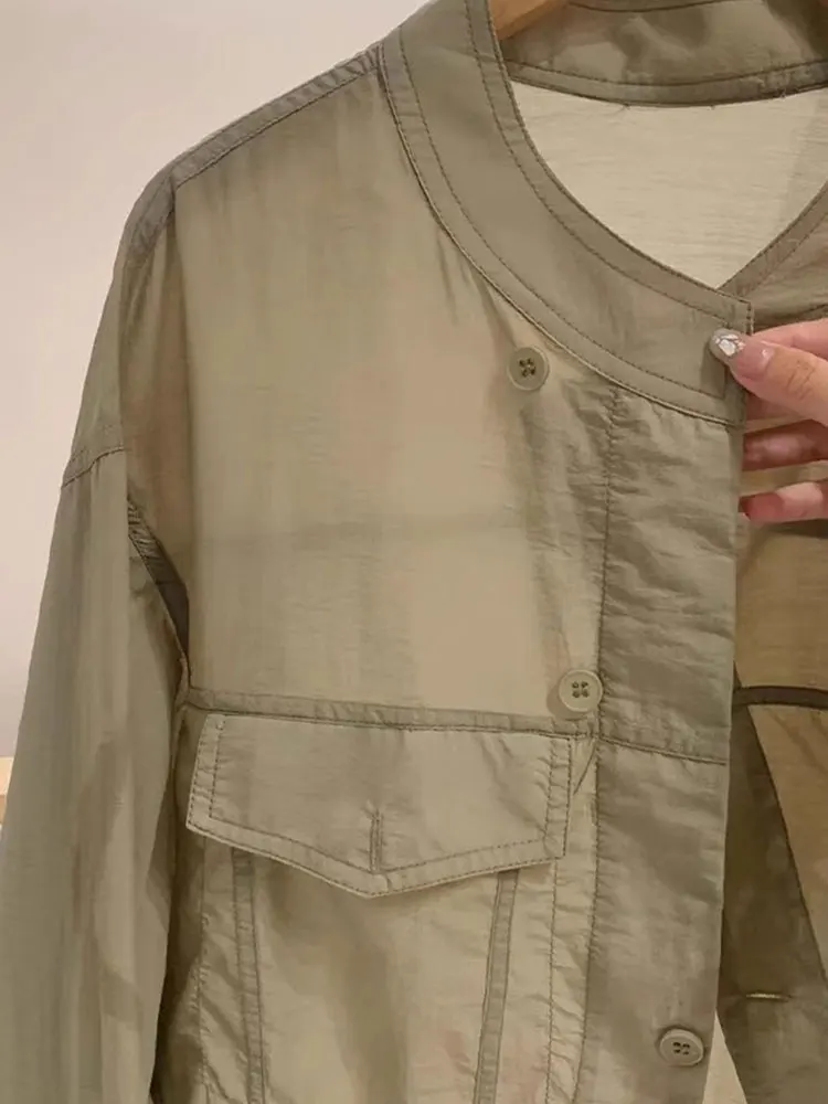 Luźny, długi kardigan damski z ochroną przeciwsłoneczną, jednolity kolor, styl dojazdowy, modny, rozpinany, koreański styl, wiosna 2025