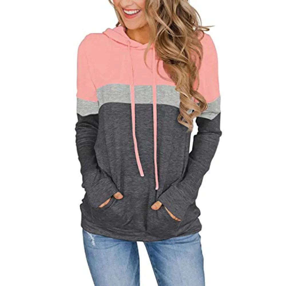 Damen lässig Color Block Hoodies Tops Langarm Kordel zug Pullover Sweatshirts mit Tasche (S-XXL)