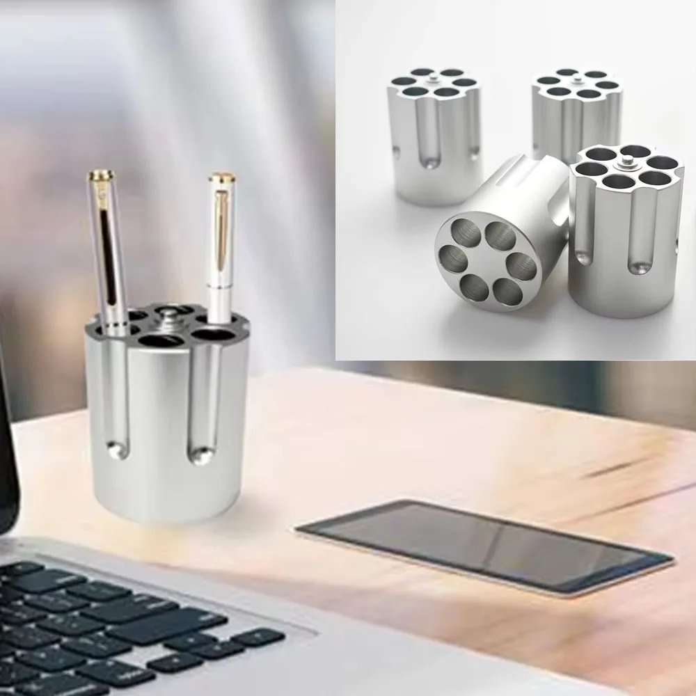 1Pc Cylinder Revolver Pen Holder With 6 Slots Aluminum Pen Pencil Holder Cylinder Design Non-Slip Pen Organizer Gift Office
