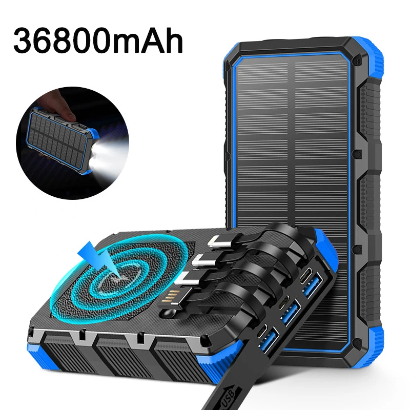 Banco de energía Solar de gran capacidad, cargador inalámbrico portátil de 36800mAh con Cable de luz LED para iPhone 14, Samsung y Xiaomi