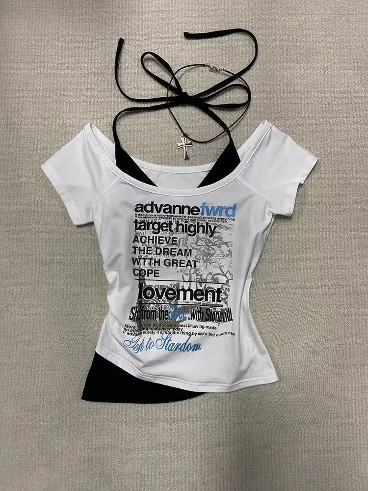 

American Vintage Cotton Halter Short Sleeved T-shirt 2025 Summer Sweet Spice Girl Crop Top Slim Fit Grunge Y2k Top Women Clothes