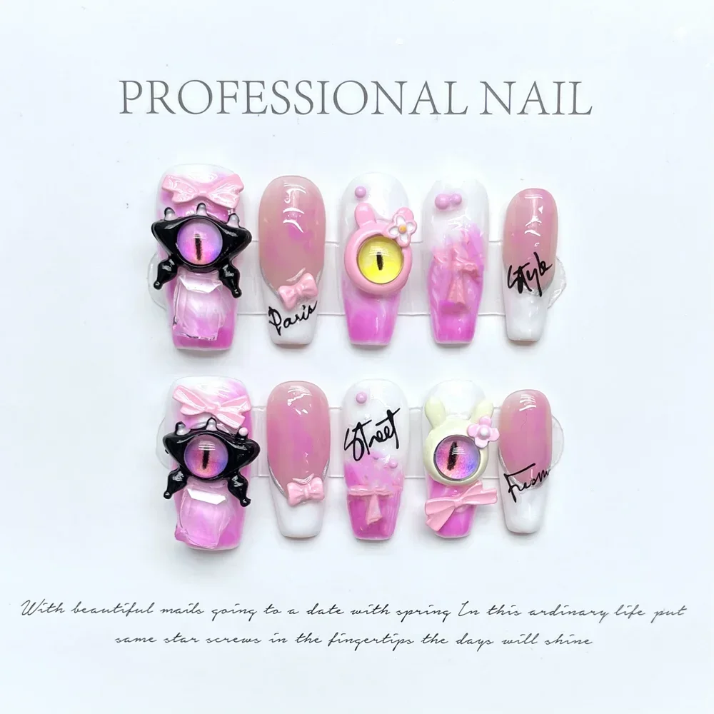 Handmade Y2K Fake Nails With Glue Cute Little Devil Press On Nail Art Reusable Long Coffin False Nail Short Full Cover Nail Tips