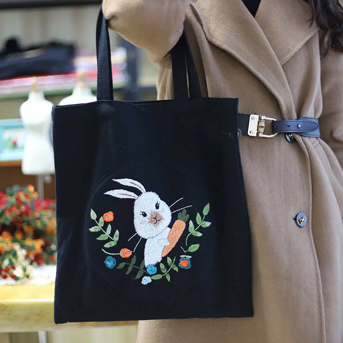 Unfinished Embroidery Kit Rabbit Bunny Pattern Shoulder Shopping Bag Tote Handwork Sewing Cross Stitch Set Tools Material Pack