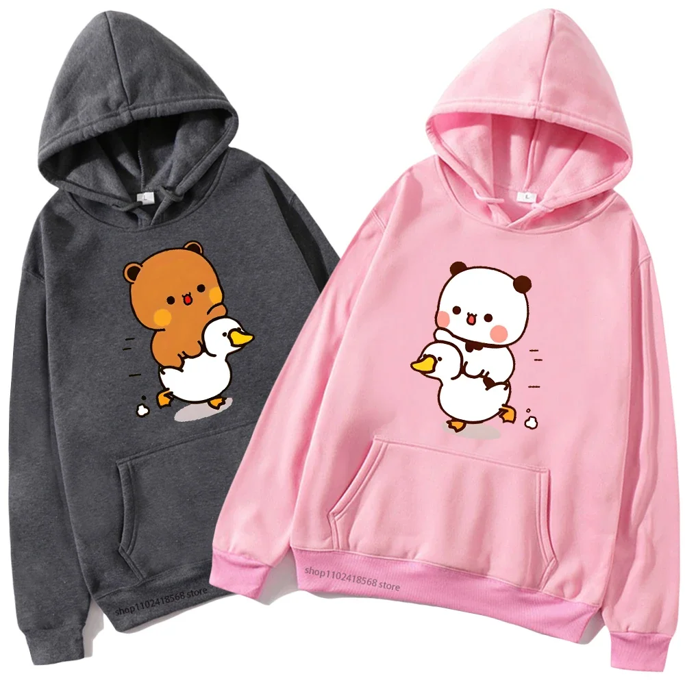 

Cute Bubu and Duud Is Riding A White Duck Hoodie Panda and Brownie Bear Clothes Sweatshirts Hooded for Men Women Couple Sudadera