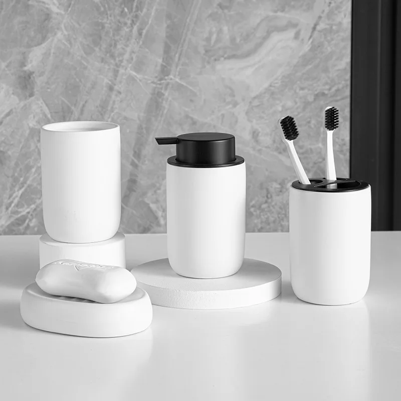 

Nordic Ceramic Bathroom Lotion Bottle Press Hand Sanitizer Bottle Mouthwash Cup Toothbrush Holder Black Liquid Soap Dispenser