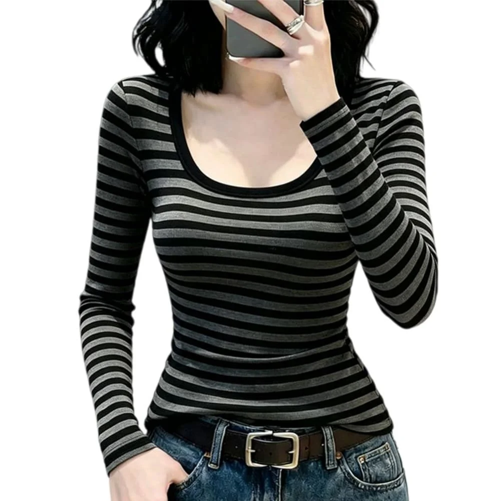 Elastic Casual Shirt Women Striped T-shirt Stretchy Fit Polyester Fabric Solid Pattern Design New Condition Item