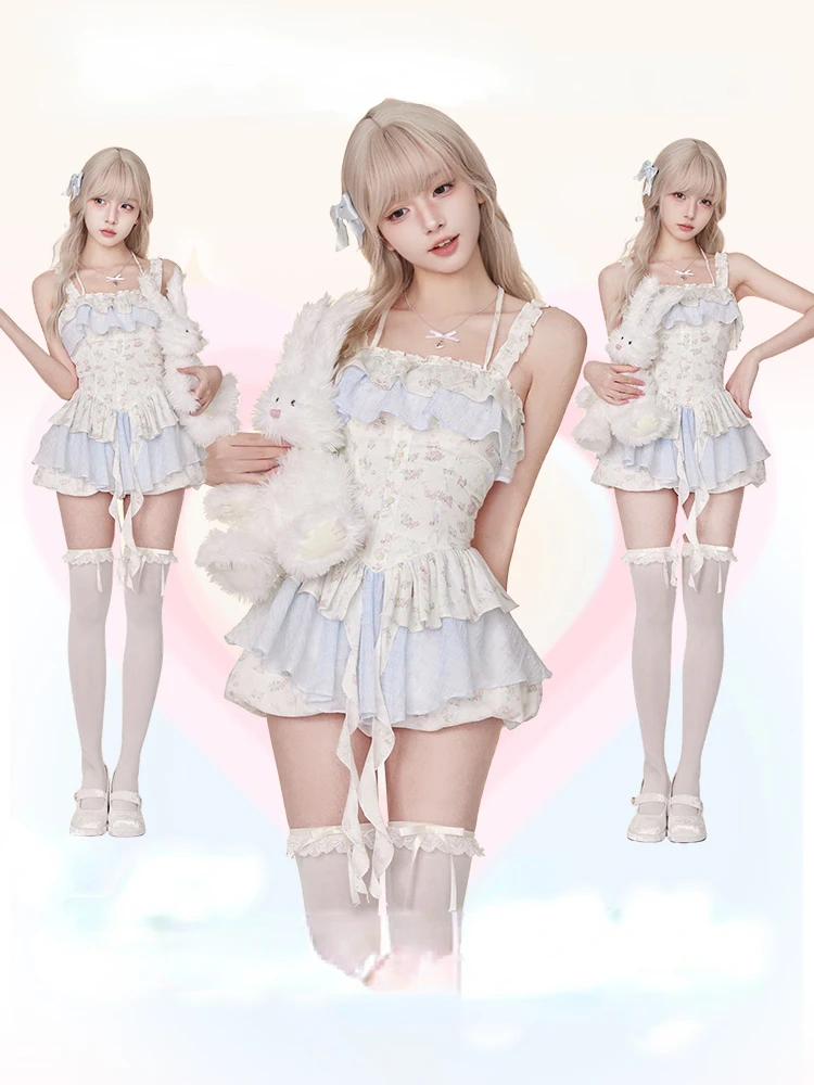 Conjunto de 2 piezas de Lolita estilo japonés para mujer, minivestido Y2k sin mangas con estampado y pantalones cortos de cintura alta, traje Kawaii