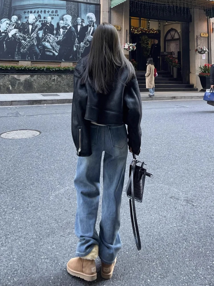 Jean en Denim pour femme, grande taille, doublé Fce, taille haute, ample, jambe droite, longueur au sol, pantalon d'hiver, bleu chaud