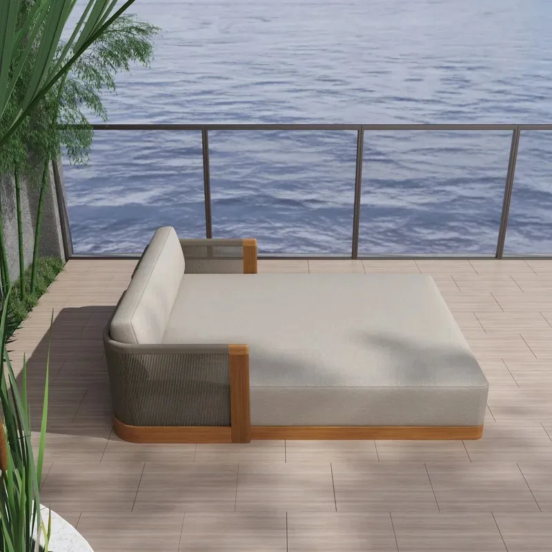 for Modern Outdoor Teak Smart Solar Loungers Tables Sofa Sets with Waterproof Cushions Suitable for Hotel Villa Use