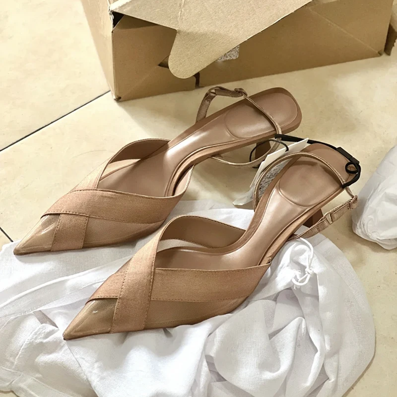 

Summer Pointed Toe Women Sandals Brown Fashion High Heels Low-heel Pumps Slingbacks Elegant Female Heeed Shoes