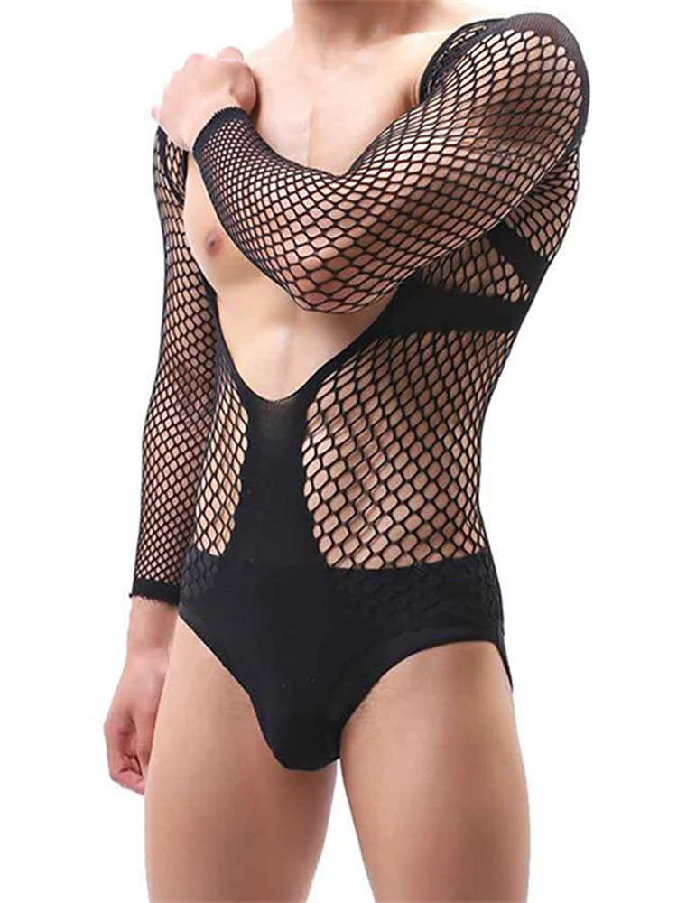 Men Bodystocking Bodysuit Gay Fishnet Hollow Sissy Underwear Sexy Lace Transparent Mesh See Through Lingerie Bodysuits