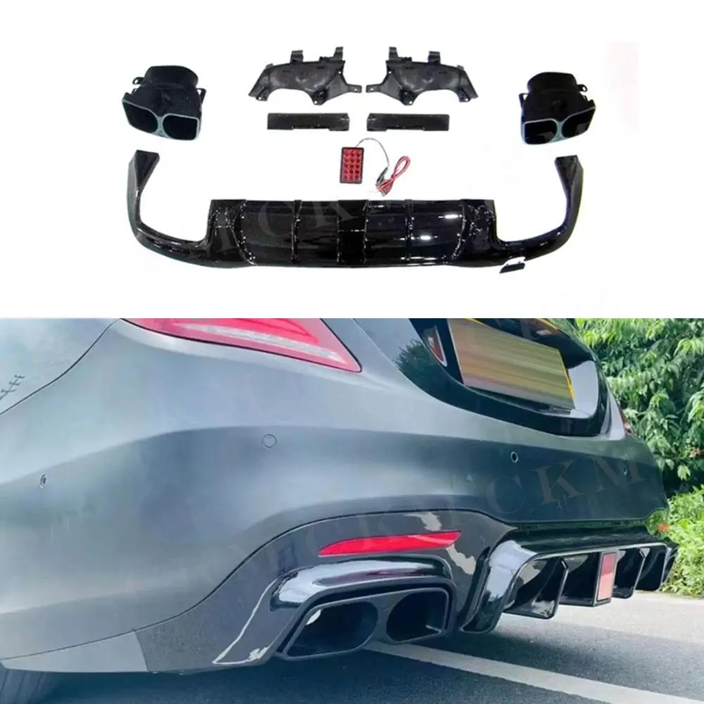 Carbon Look Rear Bumper Diffuser with Exhaust Muffer Tips for Mercedes Benz S Class W222 S450 500 560 S63 S65 AMG 2018-2021