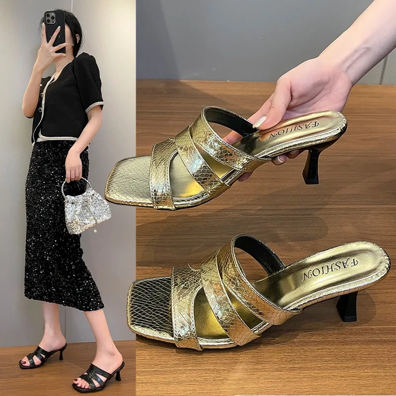 

2025 Fashionable Bling Bling Luxurious Slippers Women Square Toe Thin High Heels Sandals Summer Dress Shoes Party Wedding Shoes