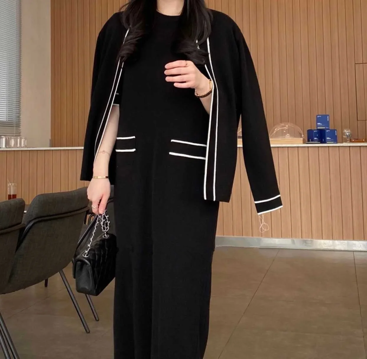 2024 New Graceful Knitted 2 Piece Set Women O-neck Short Sleeve Straight Dress + Cardigan Jacket Outfits Contrast Color Suit