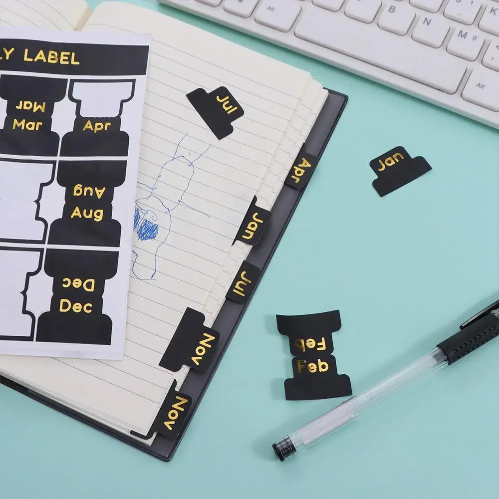 12 pcs Black Adhesive Monthly Stickers Stationery Index Tabs Stickers Decorative Monthly Label Studying Waterproof