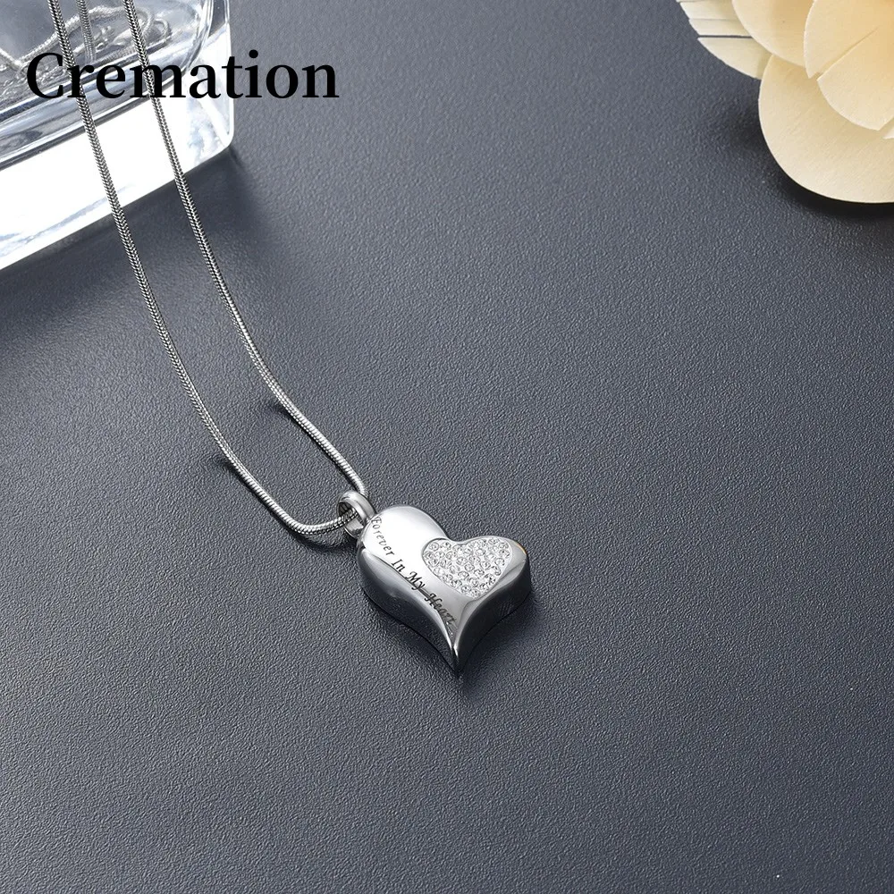 Engraved Stainless Steel Cremation Jewelry Crystal  Double Heart Necklace for Ashes Keepsake Memorial Urn Zircon  Pendant