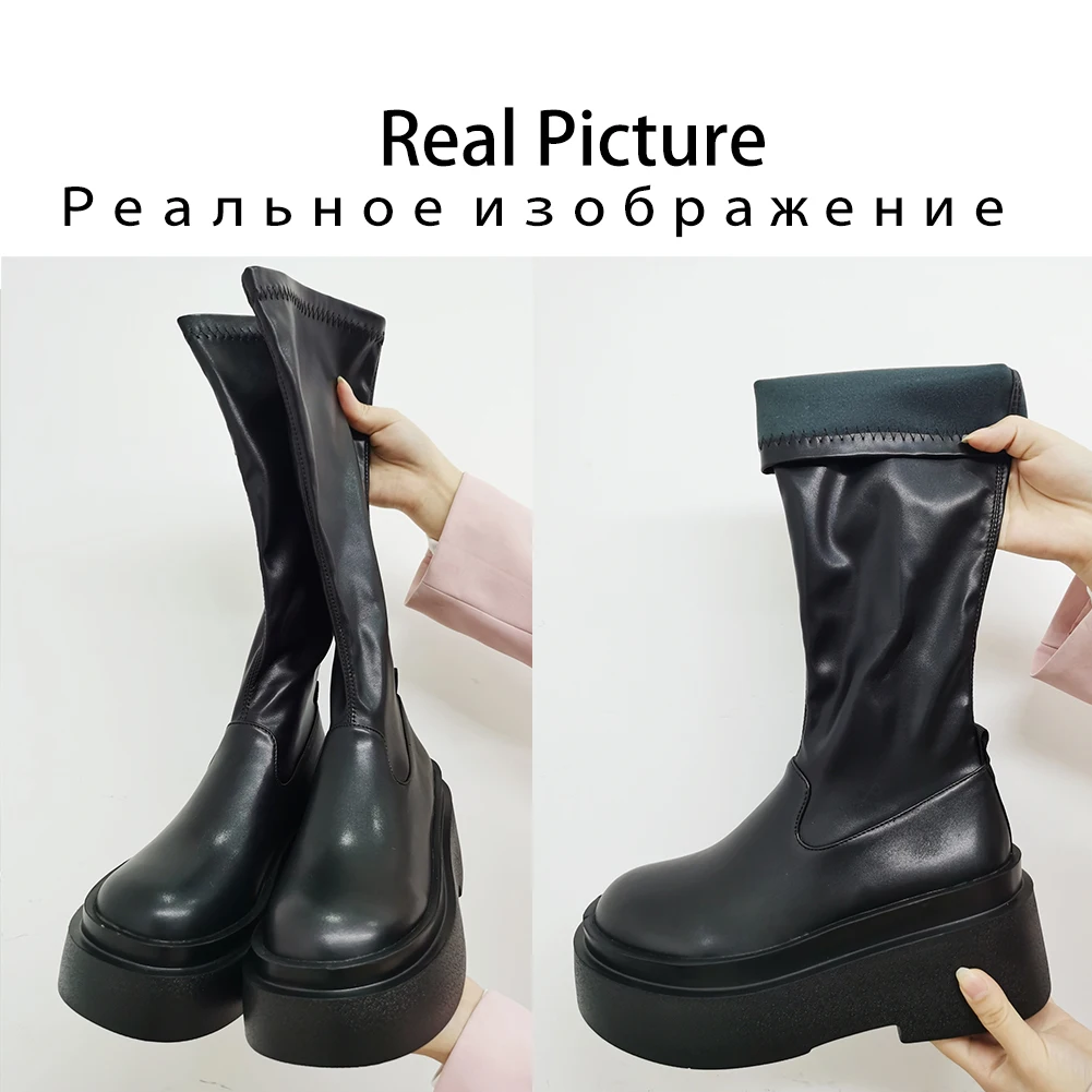 Platform Boots For Women Knee High Med Calf Chunky Heel Fashion Girls Shoes 2022 Autumn Summer Boots Slip On Brand New Goth