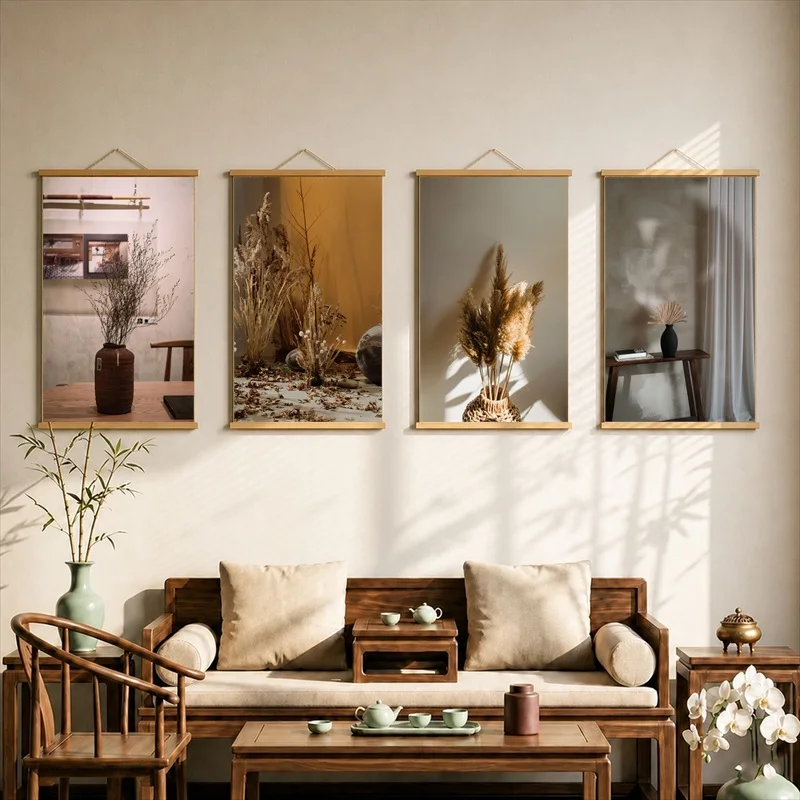Home Decor Items Forest Tea Ceremony Still Life, Wabi Sabi Decor Pearlescent Canvas Hanging Scroll Decor for Herbal Tea Lounge