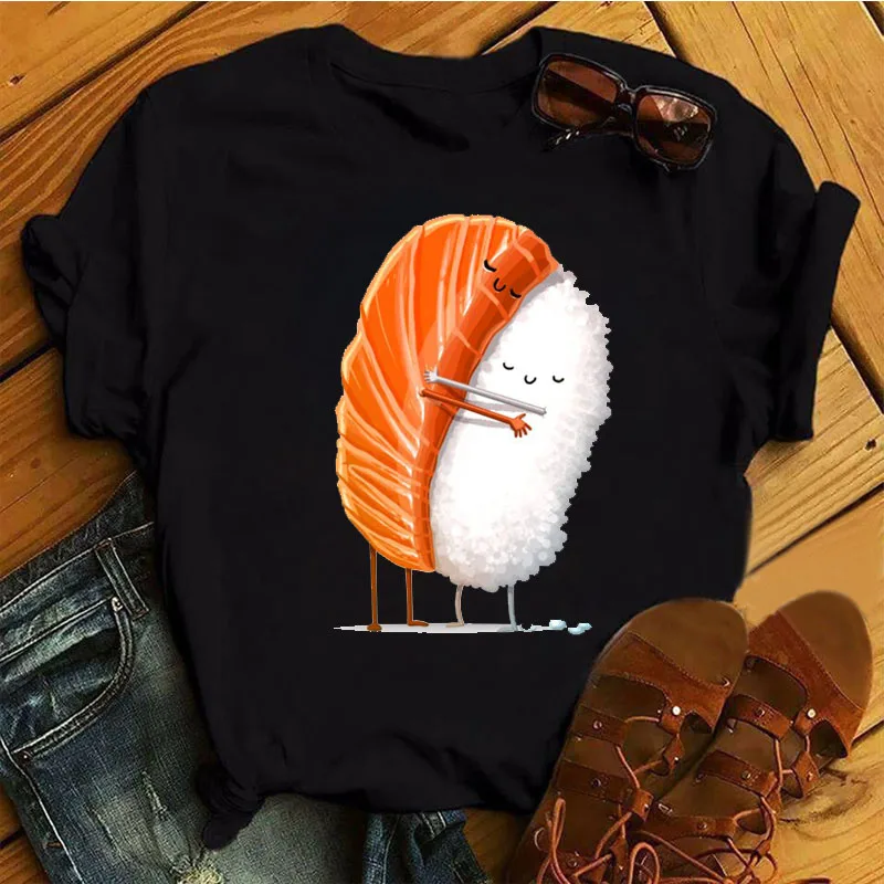 T-shirt nere da donna Summer Cute Sushi abbraccio t-shirt a maniche corte t-shirt femme 2022 Summer o-falcon Kawaii abbigliamento top t-shirt da