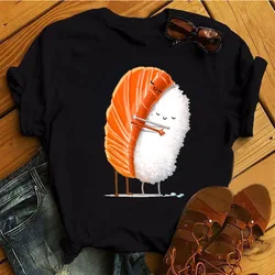 T-shirt nere da donna Summer Cute Sushi abbraccio t-shirt a maniche corte t-shirt femme 2022 Summer o-falcon Kawaii abbigliamento top t-shirt da donna