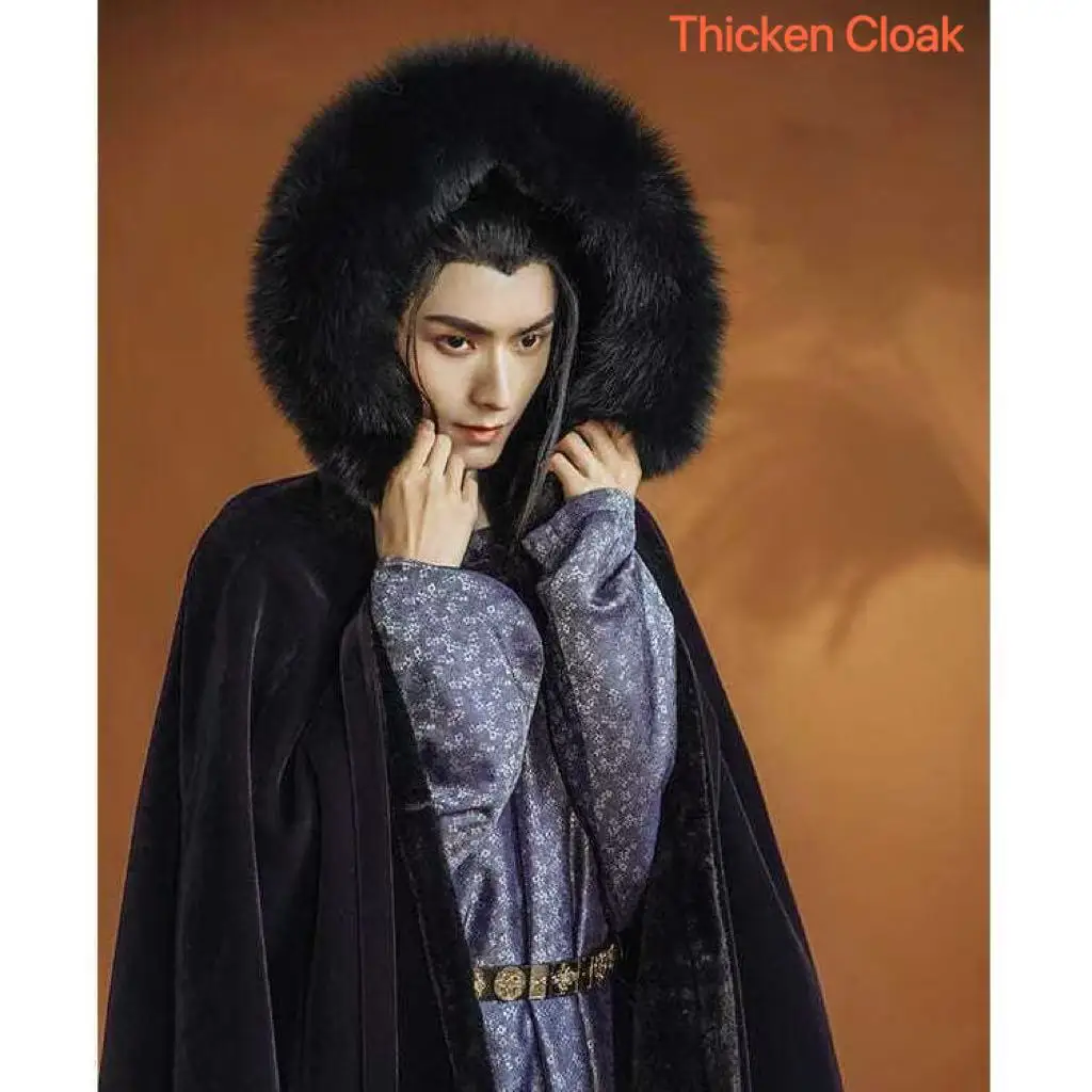 Winter Plush Collar Hanfu Cloak foe Men Stage Performance Gown Clothing Carnival Party Long Robe Black Thicken Hooded Cloak