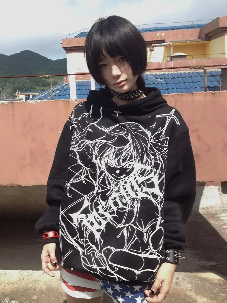 

Japanese Black Cartoon Printing Hoodie Women Streetwear Hooded Tops Harajuku Sweatshirt Vintage Punk Loose Grunge Hoody