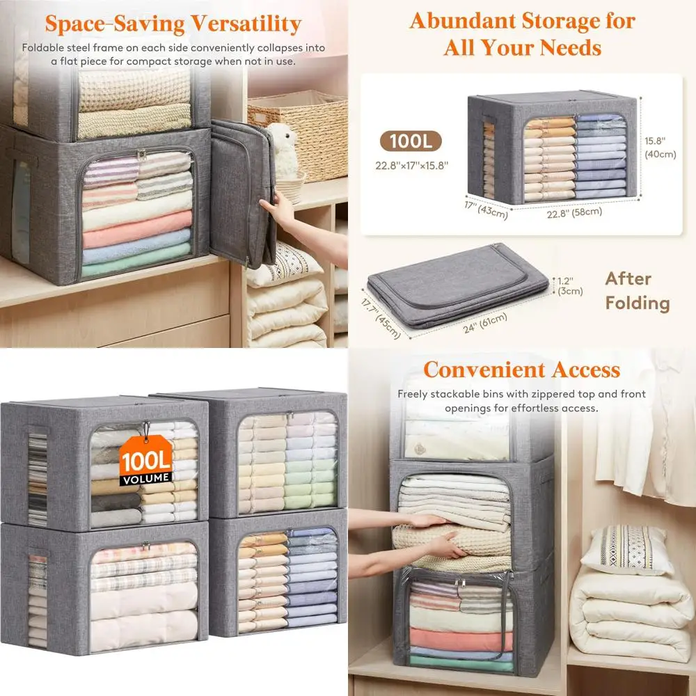 

Metal Frame Stackable Storage Bins, Foldable 100L Fabric Boxes with Clear Windows, Zippers, and Handles, 4-Pack