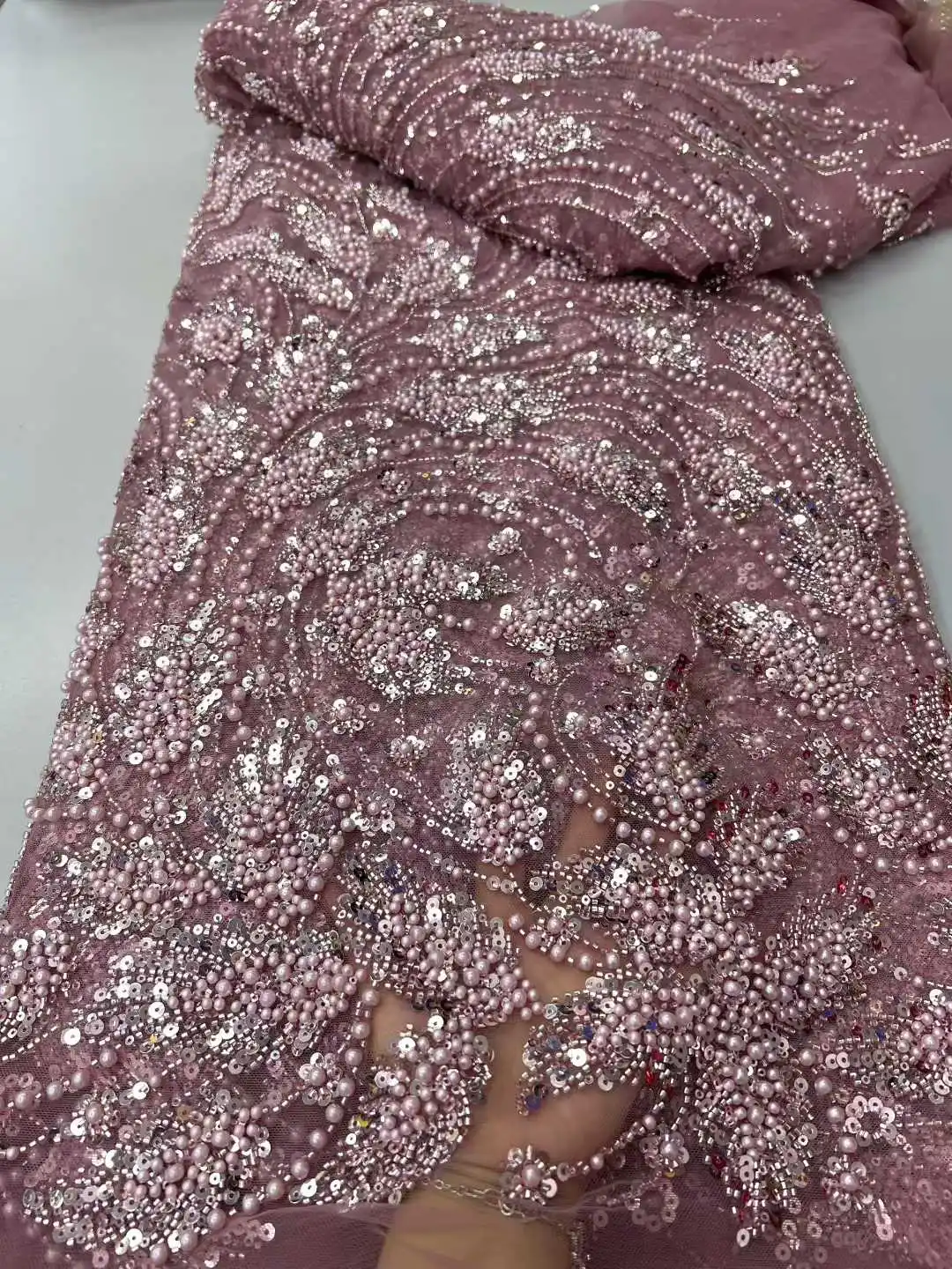 2025 White African Sequins Pearls Lace Fabric High Quality French Heavy Beaded Tulle Lace Fabric Nigeria For Bridal Party Dress