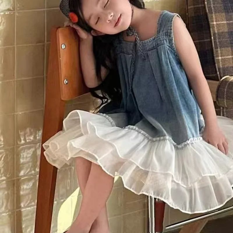 Girls Summer Dress 2026 New Children's Denim Dress Mesh Splice Sleeveless Princess Dress Kids Fashion Trendy Vest Skirt