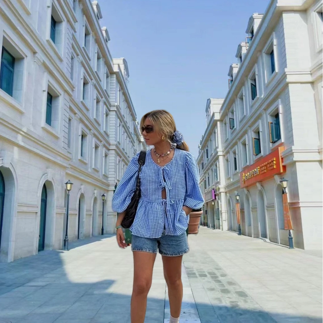 

Fashionable Casual Women's Loose Top Versatile Cotton Shirt Short Sleeve round Neck Striped Pattern Unisex Short Length