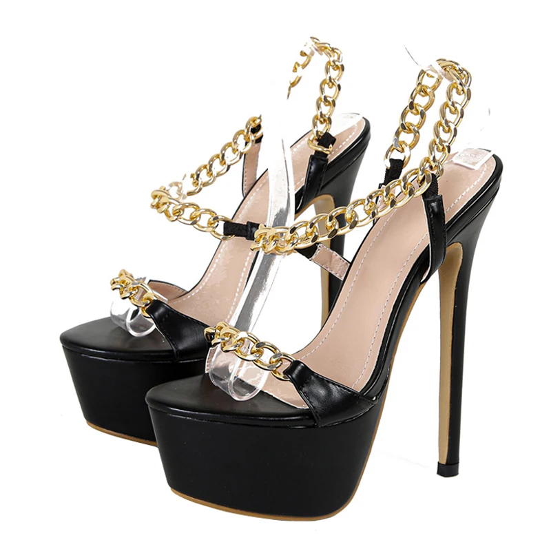 Liyke Summer 16CM Stiletto Sandals Women Sexy Thick Bottom Open Toe Metal Chain Back Strap Designer Shoes Platform High Heels