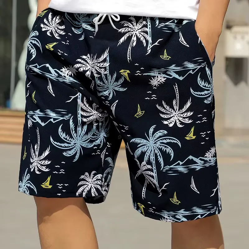 New Men's Summer Beach Casual Shorts Coconut Tree Print Uniform Size Comfortable Silk Quick Drying Bermuda Hurey Boardshorts