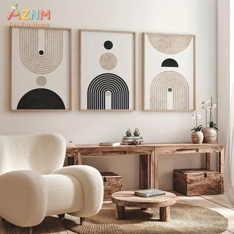 3PCS Boho Abstract Geometric Canvas Wall Art Set Neutral Black Beige Prints Unframed Home Decor