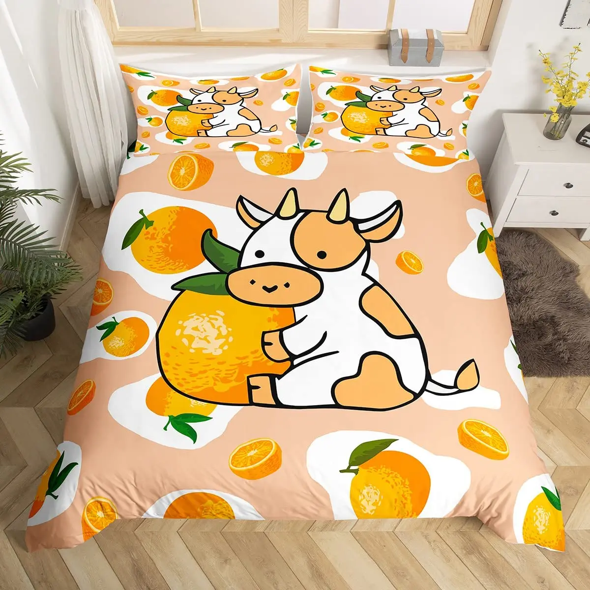 

Milk Cow Orange Pattern King Queen Duvet Cover Cartoon Fruit Animal Bedding Set For Kids Girl White 2/3pcs Quilt Cover
