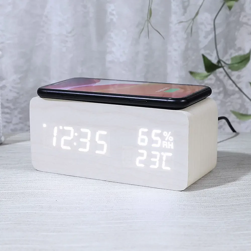 Digital Alarm Clock With Wireless Charging Home LED Small Bedside Clock With Temperature And Humidity Display Wood Grain Clock