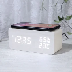 Digital Alarm Clock With Wireless Charging Home LED Small Bedside Clock With Temperature And Humidity Display Wood Grain Clock