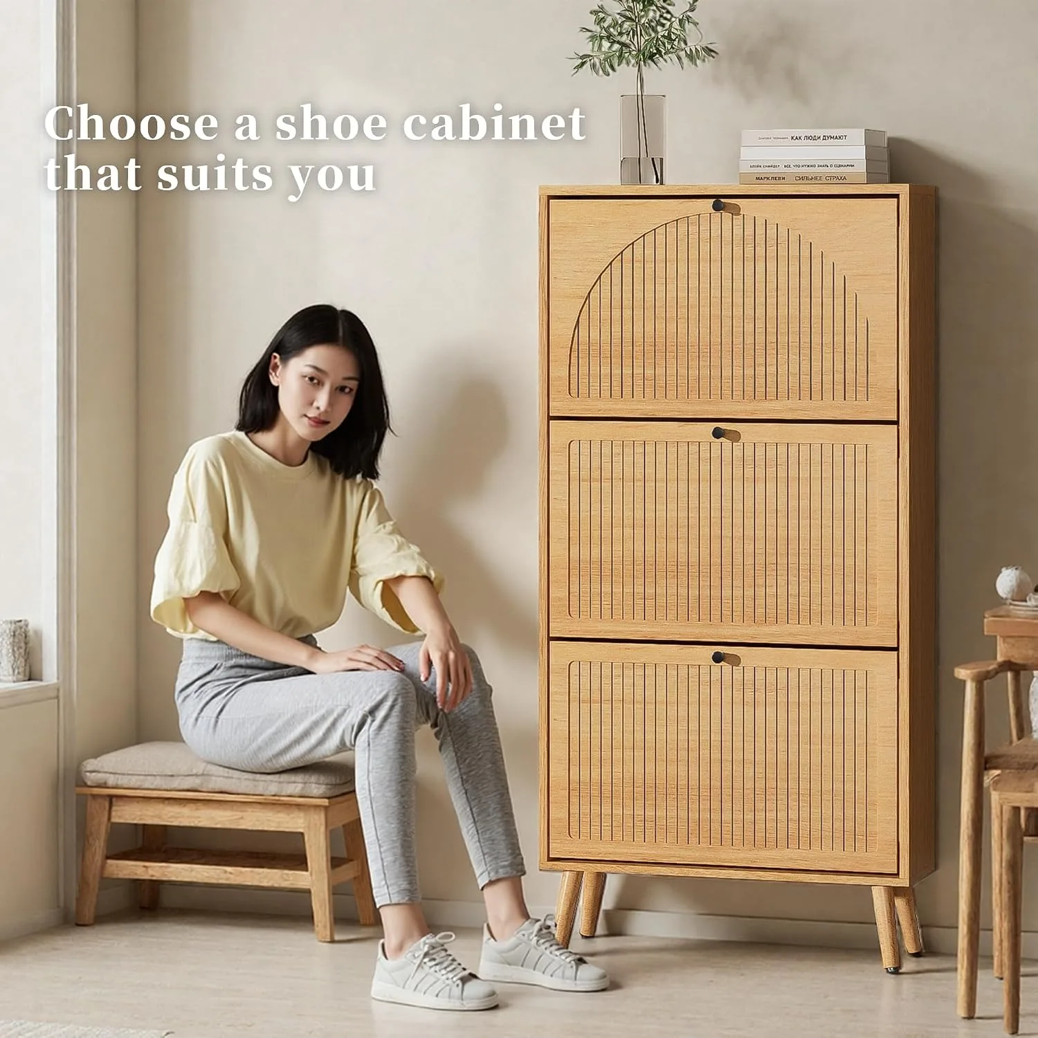 Narrow Freestanding Wood Shoe Cabinet,Fluted Panel & 3 Flip Drawers Entryway Shoe Storage Organizer, Custom