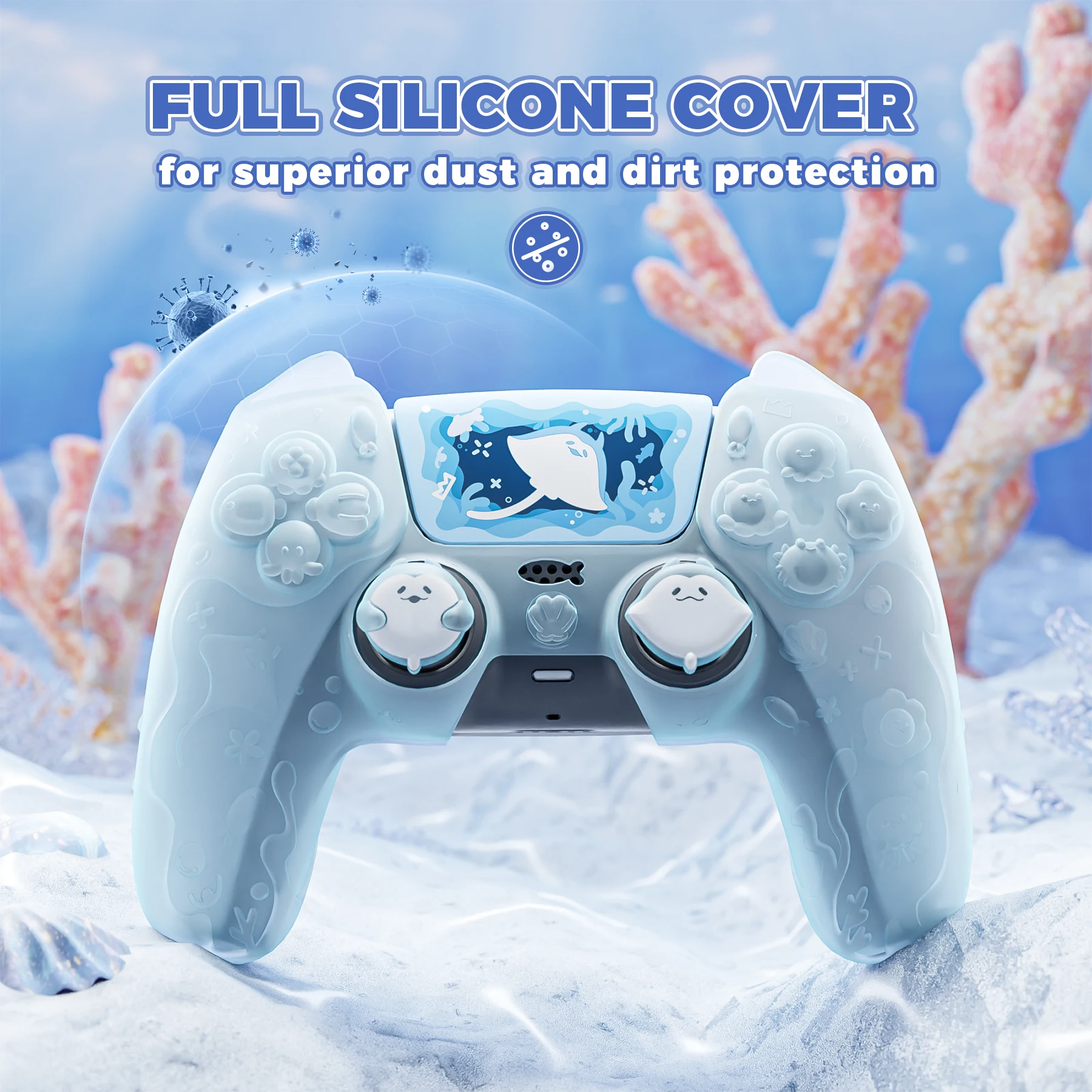 PlayVital Ocean Whisper Series Silikonhülle für PS5-Controller, halbtransparente weiche Hülle mit Daumengriffen, Aufklebern, Mintblau