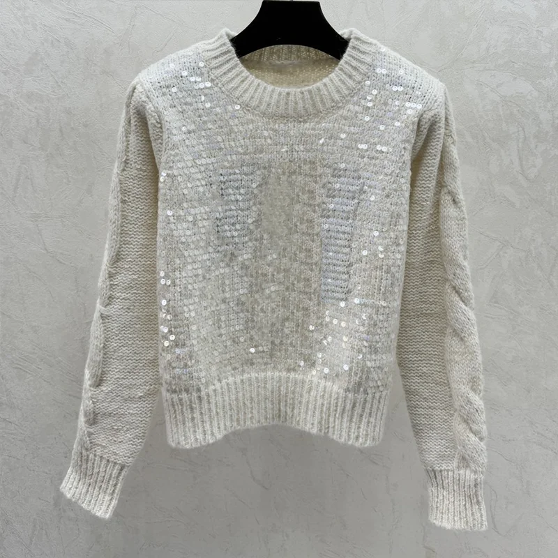 

High quality round sequin contrasting logo women's pullover short sweater soft and comfortable 25120679