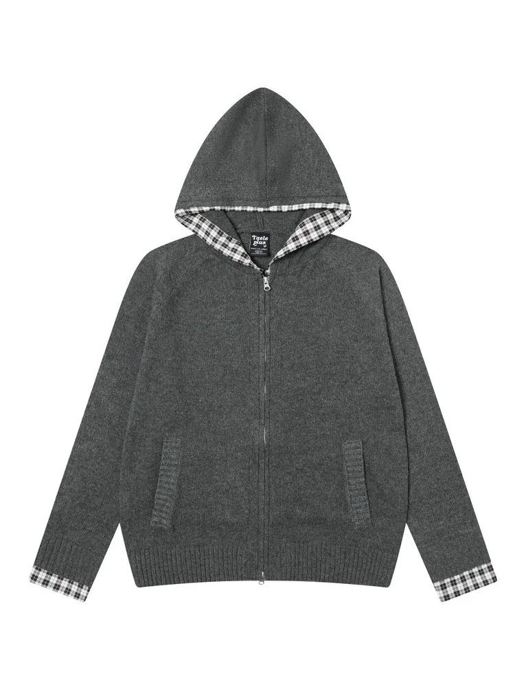 

Толстовка-кардиган TAELE plus с двойной молнией, осенняя, в клетку, винтажный стиль, из полиэфирного волокна, длинный рукав, повседневный вязаный свитер