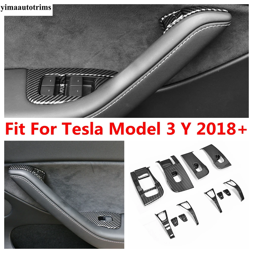 

Для Tesla Model 3 Y 2018-2022 Автомобильный подлокотник, кнопка управления подъемом окна, панель, накладка, аксессуары из АБС-пластика из углеродного волокна, интерьер